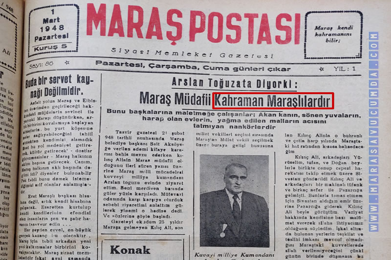 1 Mart 1948 Maraş Gazetesinde Kahramanlık vurgusu