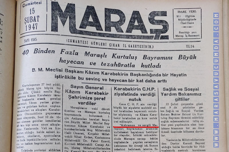 15 Şubat 1947 Maraş Gazetesinde Kahramanlık vurgusu