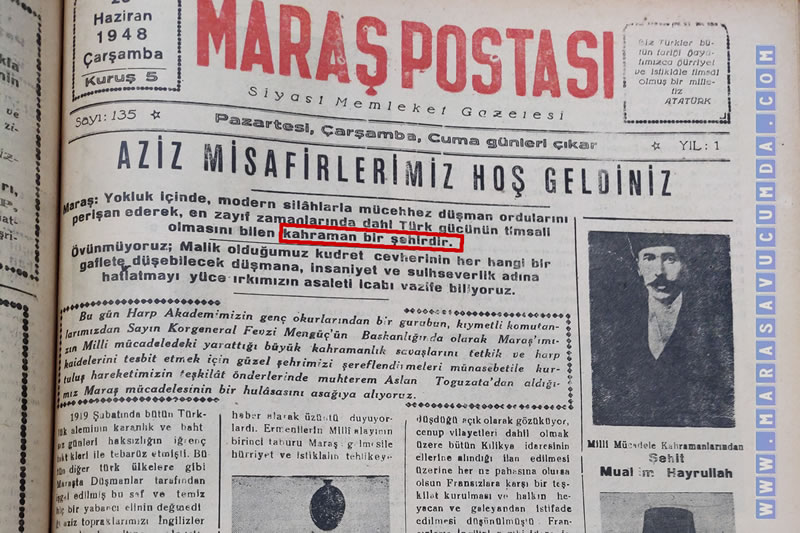 23 Haziran 1948 Maraş Gazetesinde Kahramanlık vurgusu