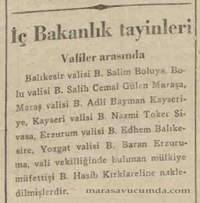 2 Ağustos 1936 tarihli Ulus Gazetesinde Maraş Valisi Mustafa Adli Bayman Tayini Haberi
