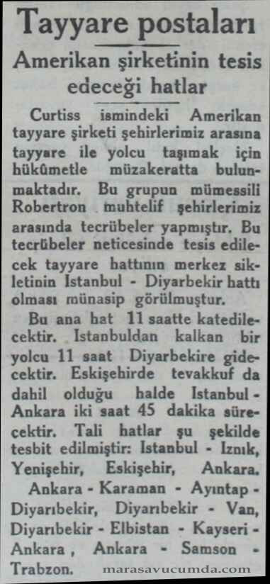 29 Nisan 1932 tarihli Akşam Gazetesi Elbistan Tayyare haberi