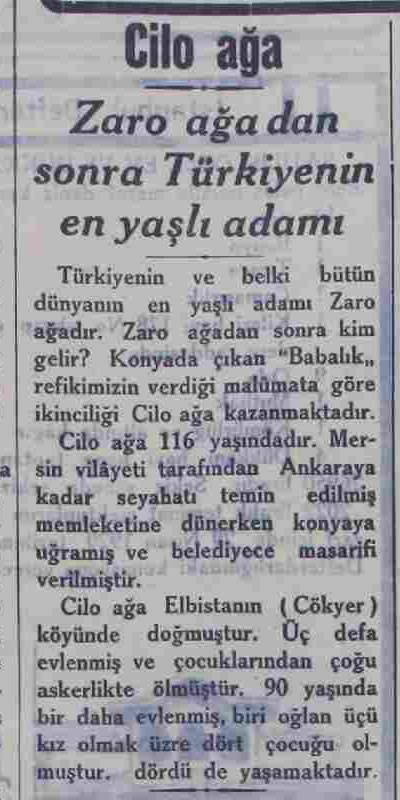 28 Nisan 1929 tarihinde Akşam Gazetesinde çıkan Cilo Ağa ya da Cibo Ağa haberi.